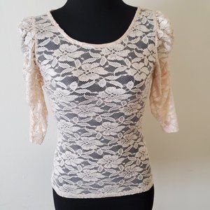 dELiA*s Cream Lace Ruched Sleeve Top Blouse Shirt